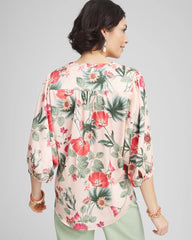 Coral Blossom Floral Satin Tie-Front Pullover Top