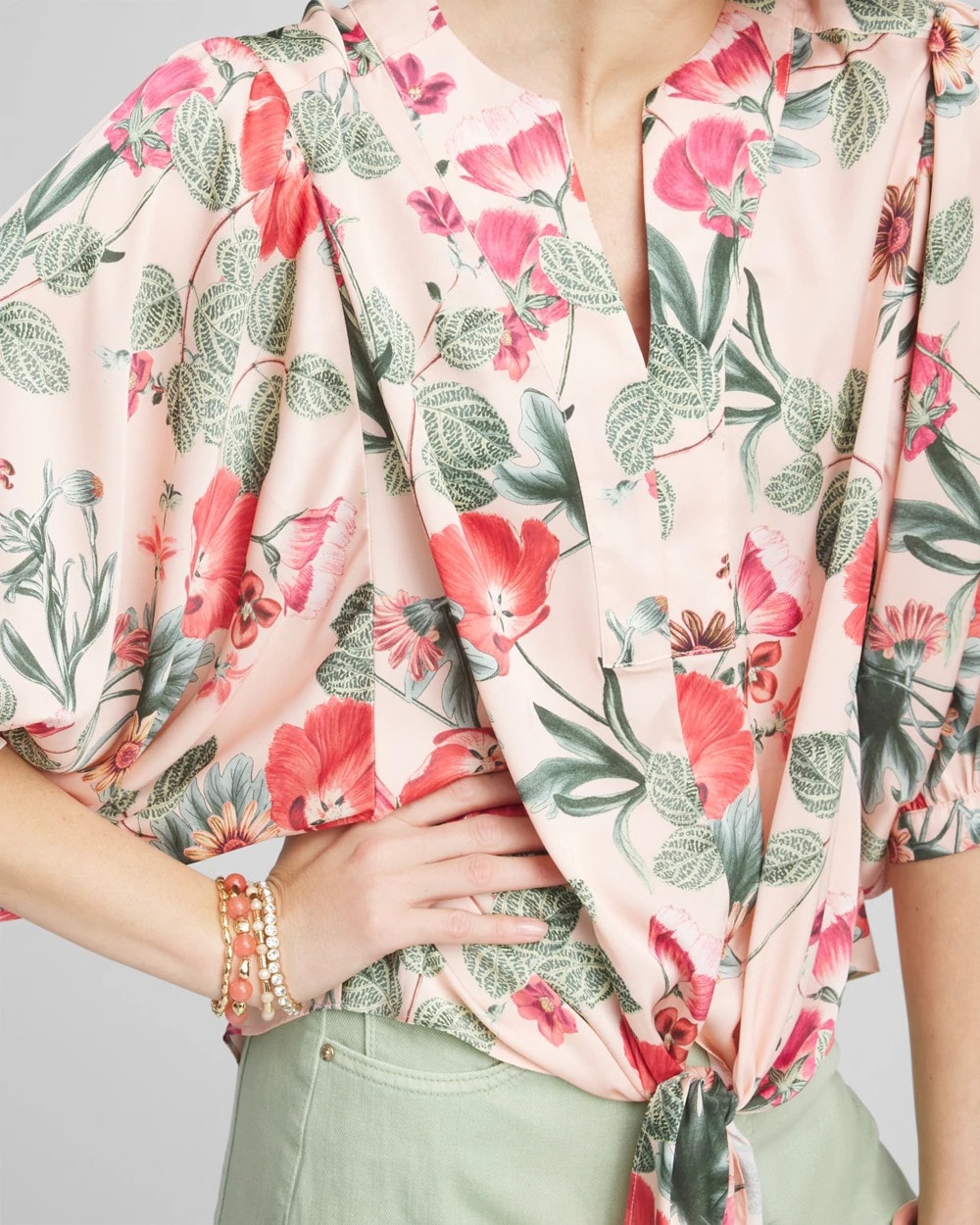 Coral Blossom Floral Satin Tie-Front Pullover Top