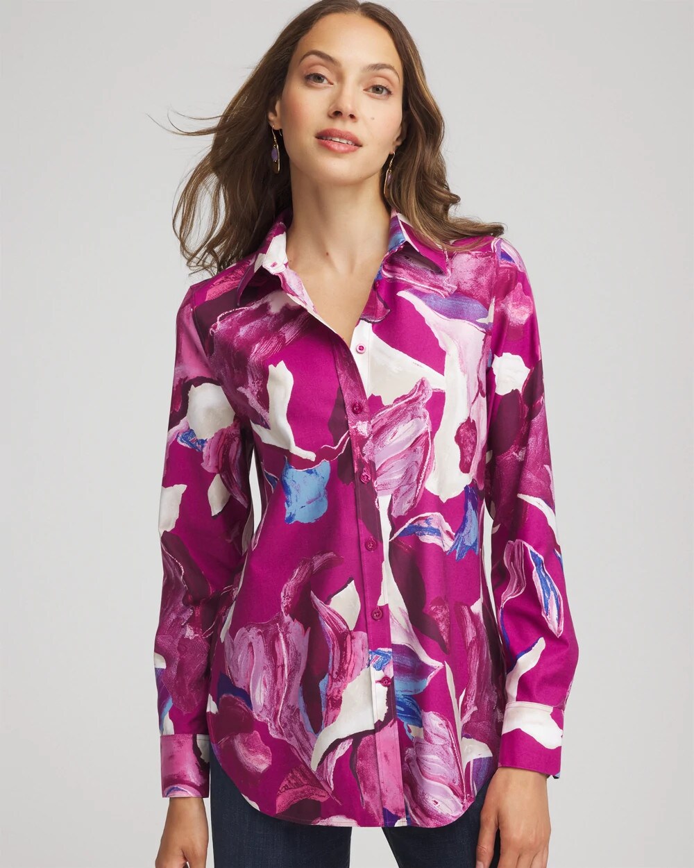 Cobalt Stone No Iron™ Floral-Paint-Print Shirt