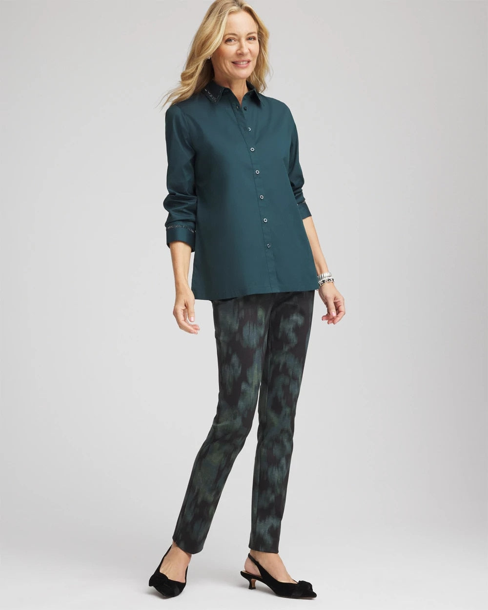 Teal Shadow Rhinestone Embellished Poplin Tunic