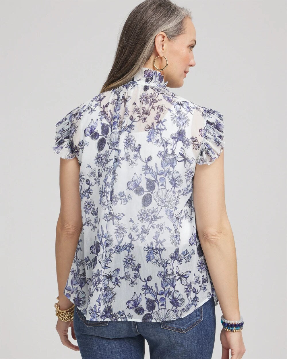 Pale Turq Blue Butterfly Ruffle Collar Blouse