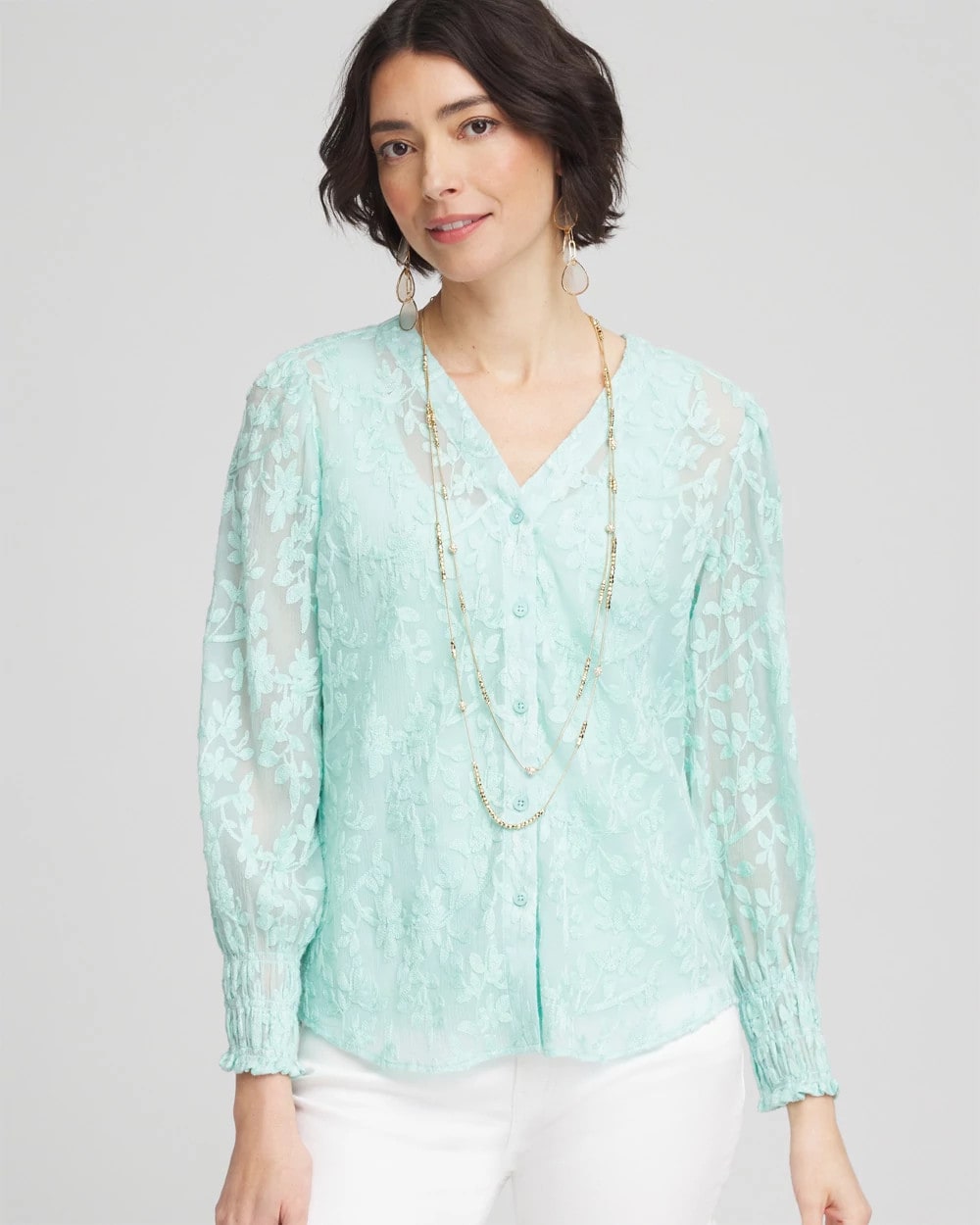 Teal Waters Floral Soutache V-Neck Blouse