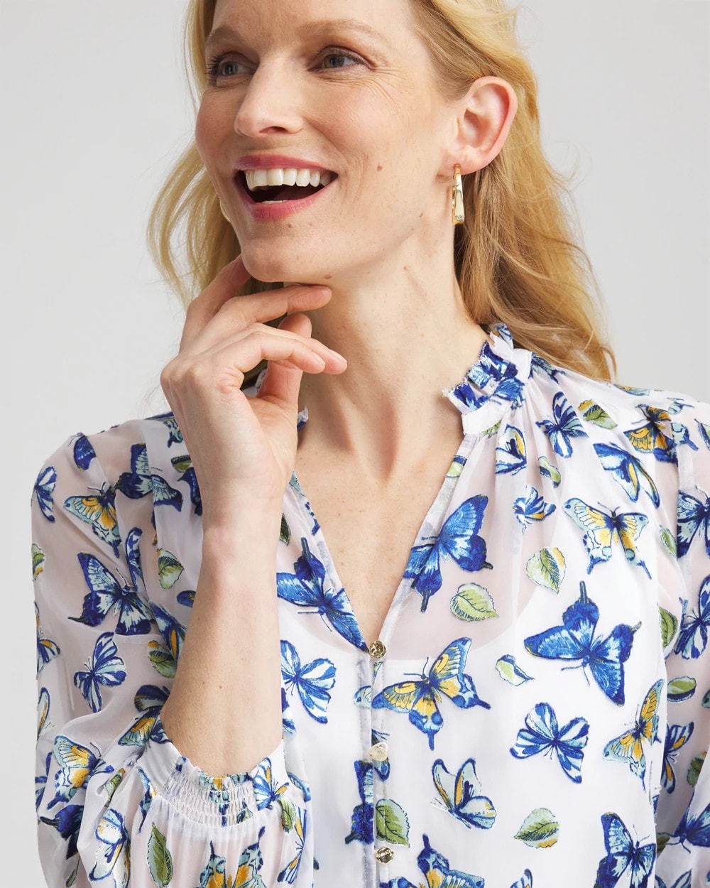 Blue Casa Ruffle Collar Butterfly Burnout Blouse