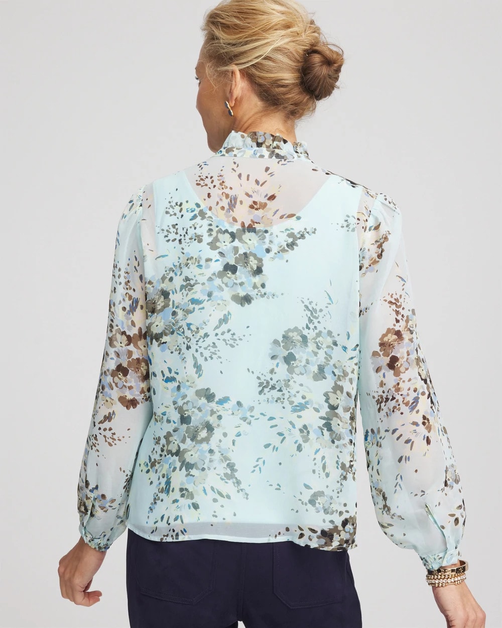 Blue Menthe Floral Georgette Peasant Blouse