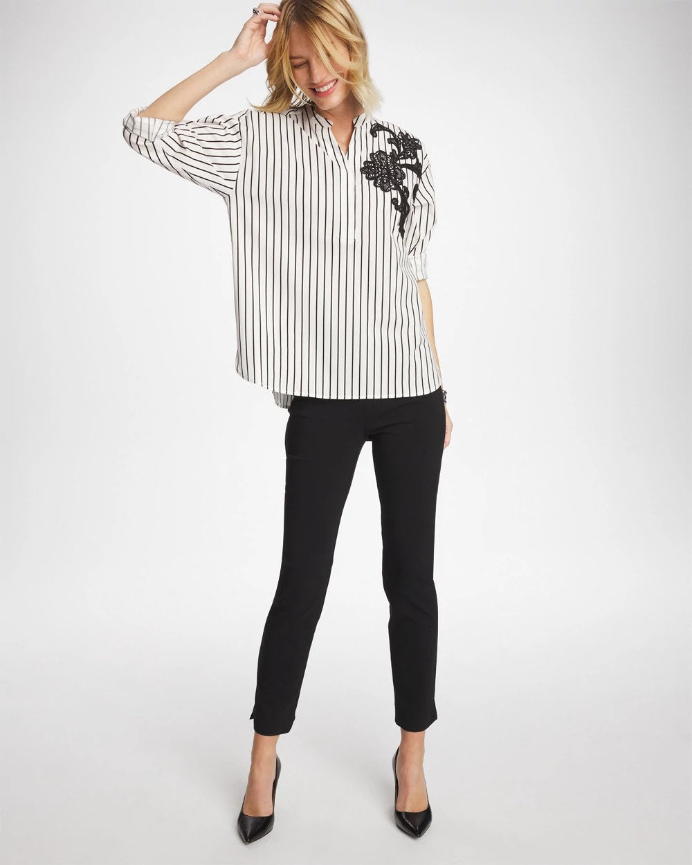 Black Striped Poplin Applique Tunic