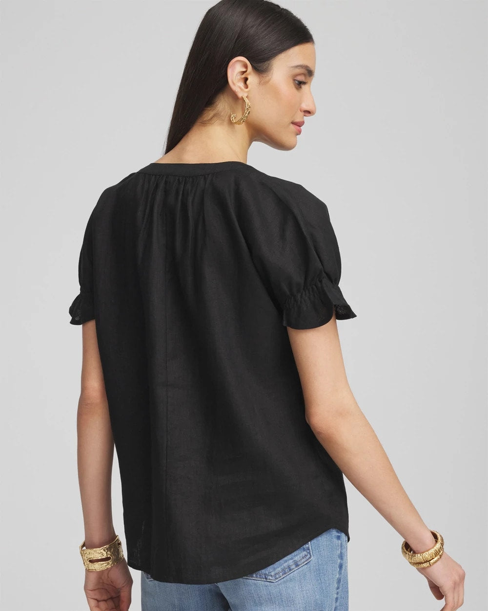 Black Linen Flutter-Sleeve Popover Top