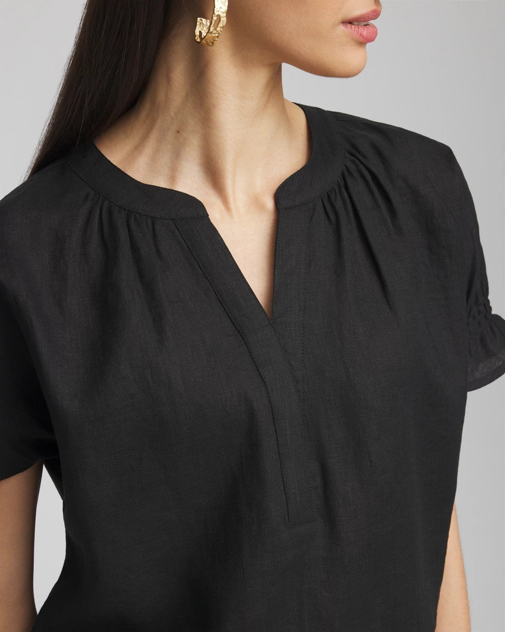 Black Linen Flutter-Sleeve Popover Top