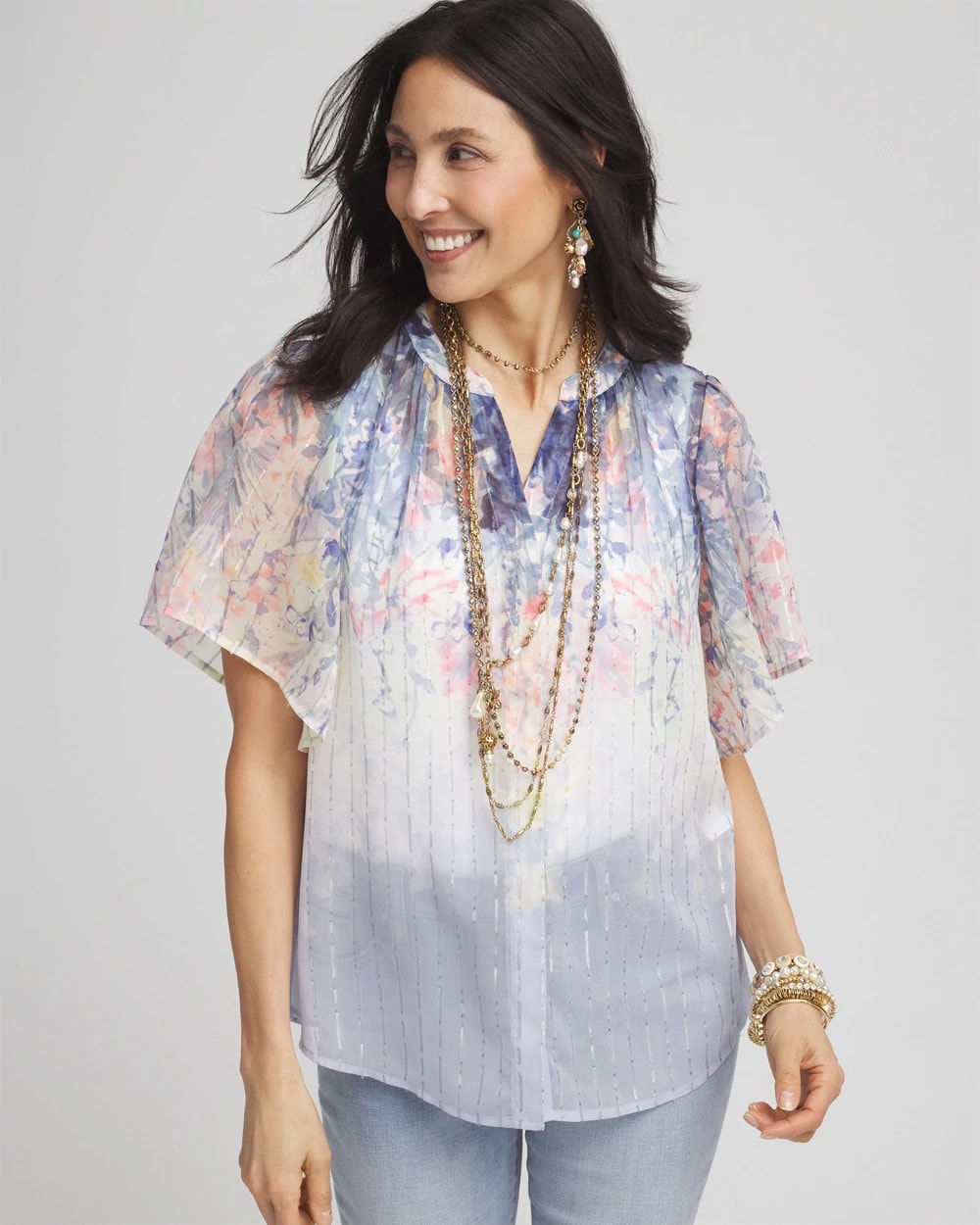 Blue Pearl Jacquard Flutter-Sleeve Blouse