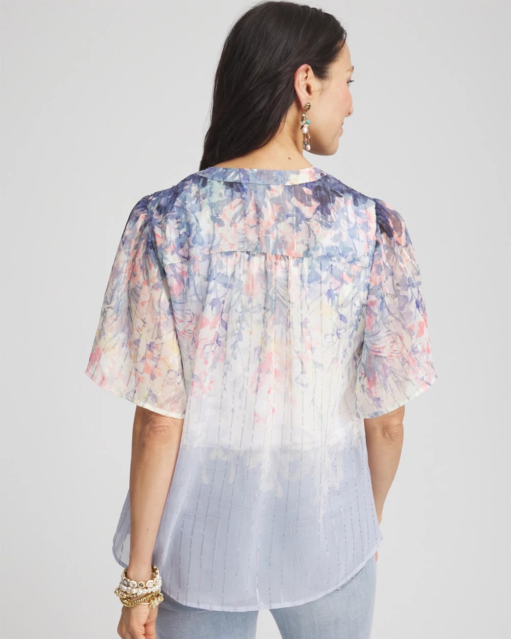 Blue Pearl Jacquard Flutter-Sleeve Blouse