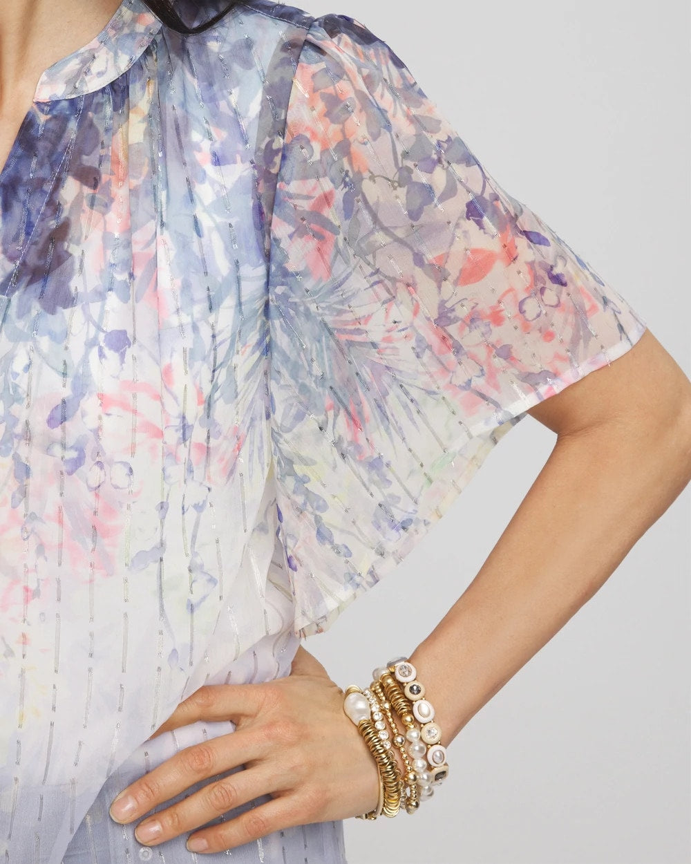 Blue Pearl Jacquard Flutter-Sleeve Blouse
