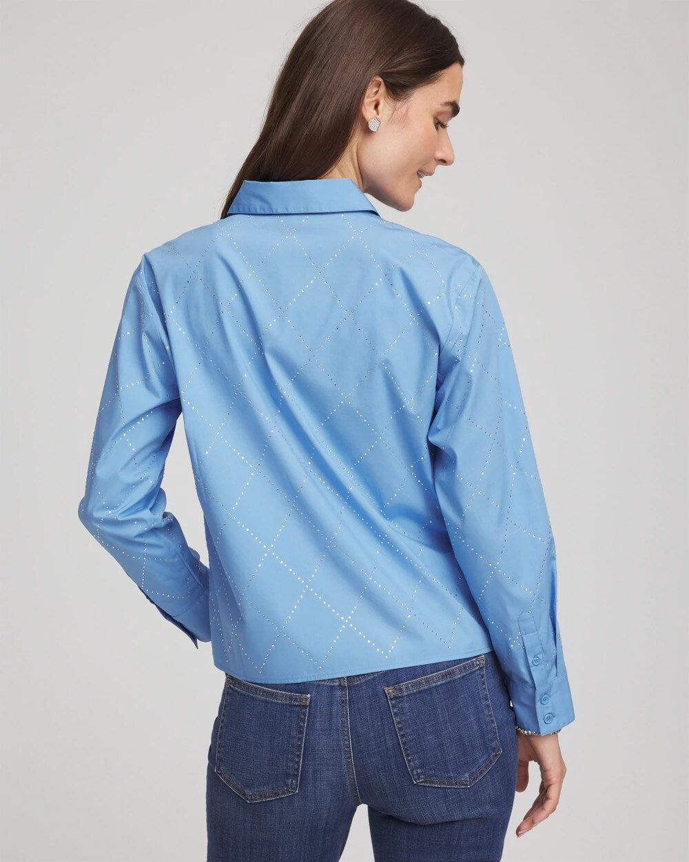 Tidal Blue Embellished Stretch Cotton Collared Shirt