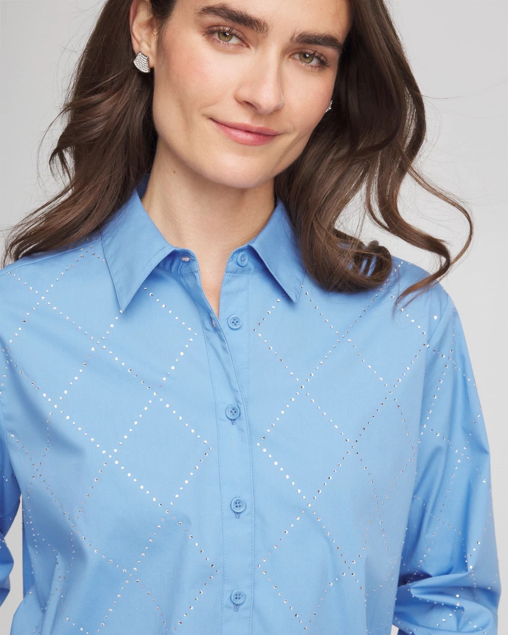 Tidal Blue Embellished Stretch Cotton Collared Shirt