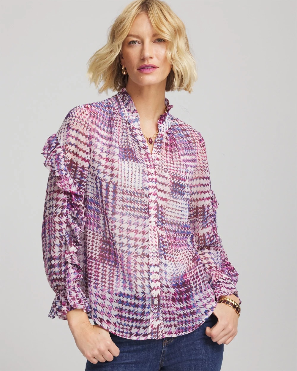 Gooseberry Gingham-Print Georgette Blouse
