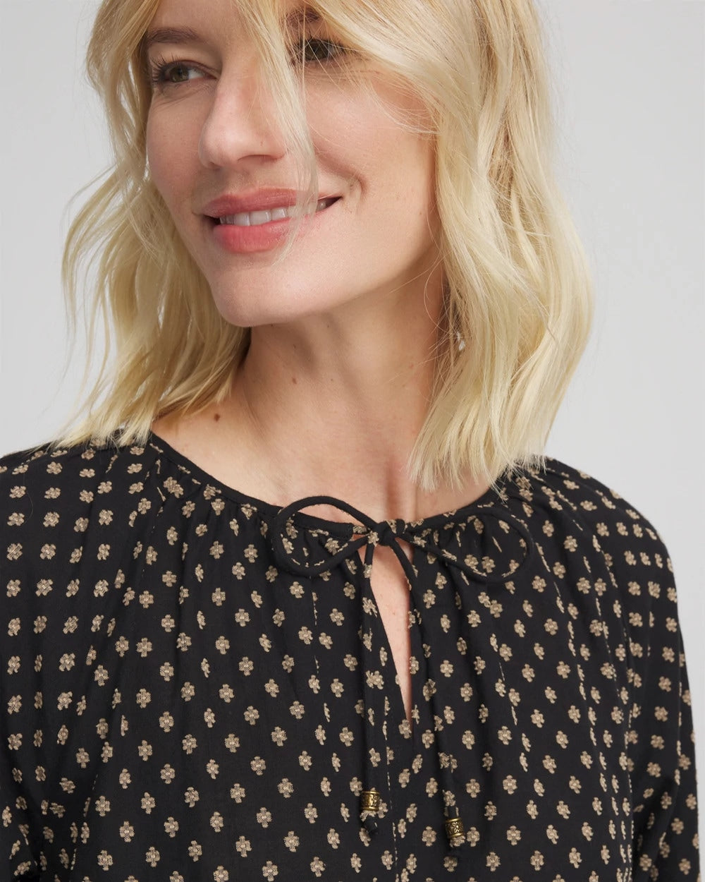 Black Floral Print Tie-Neck Top