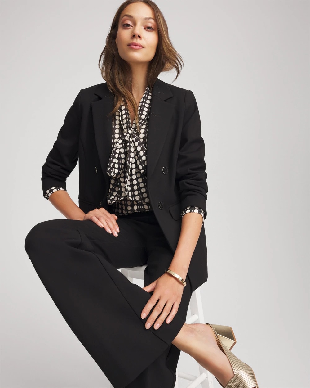 Black Clip-Dot Tie-Front Blouse