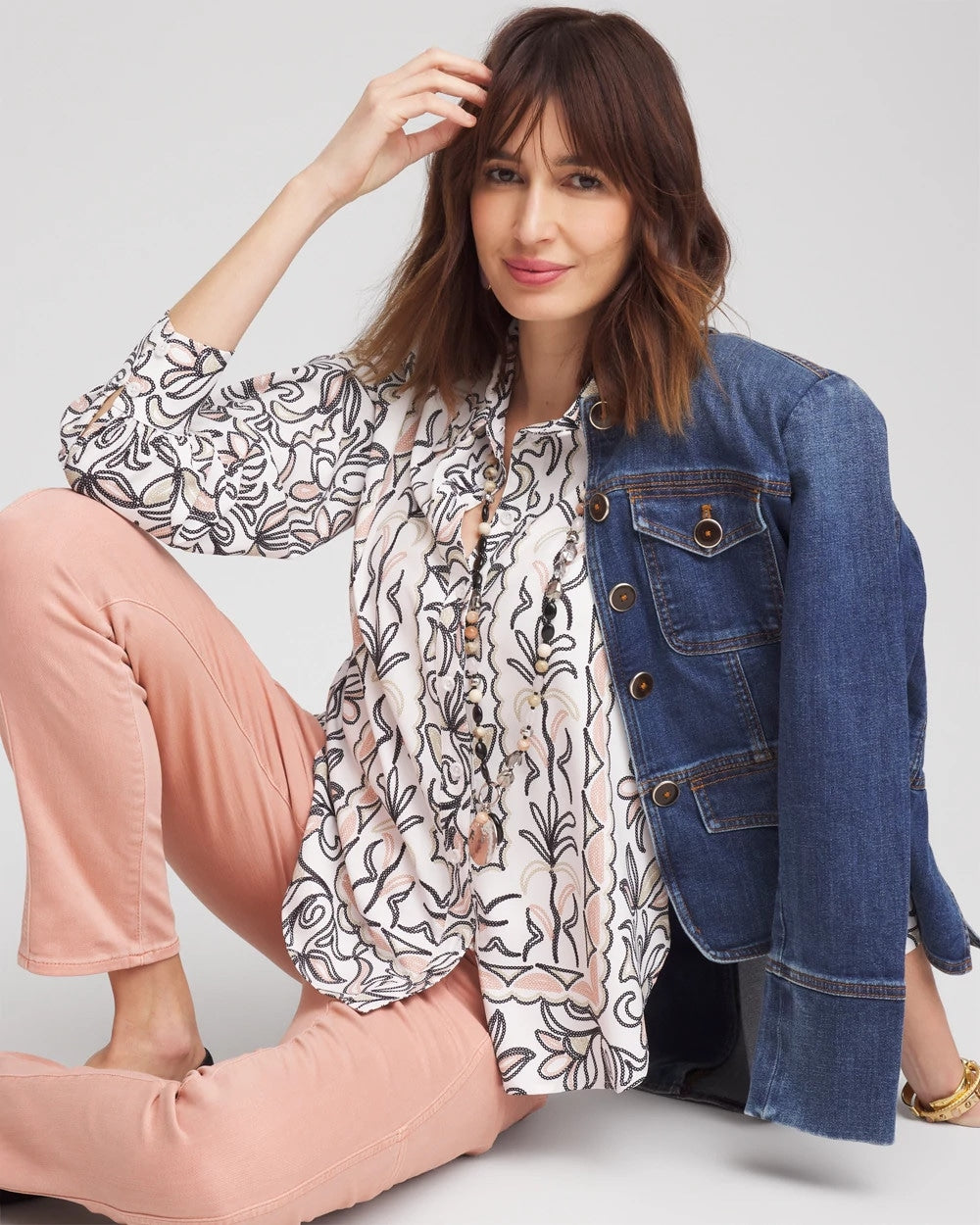 French Blush Faux Silk Floral Collared Shirt