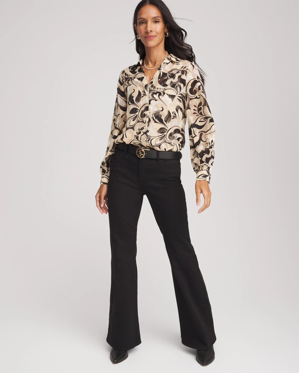 Black Floral Burnout Blouson-Sleeve Blouse