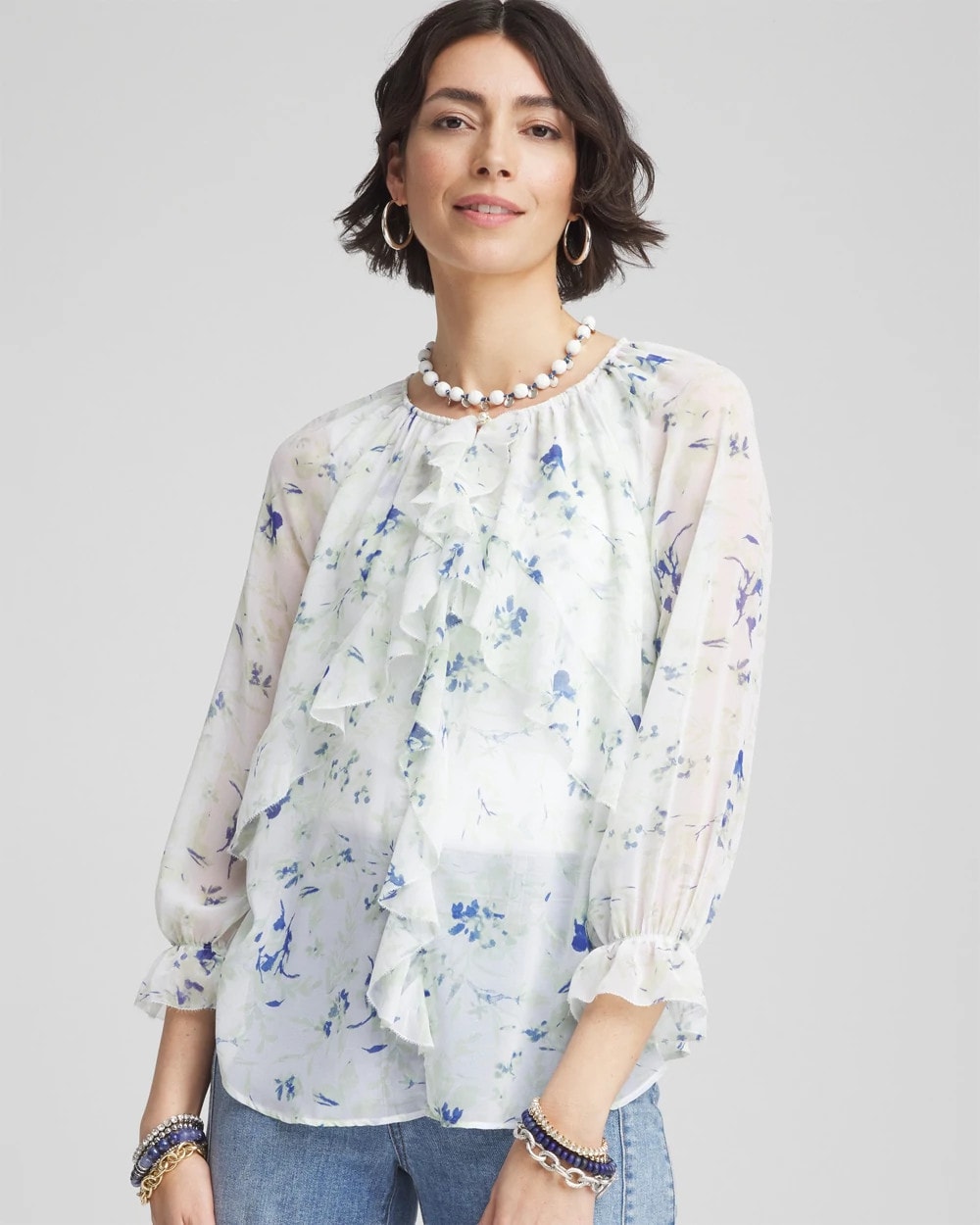 Blue Pearl Georgette Sheer Ruffle Blouse