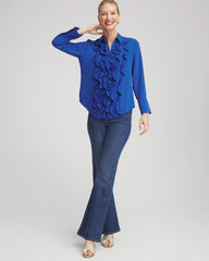 Cobalt Stone Ruffle-Trim Chiffon Blouse