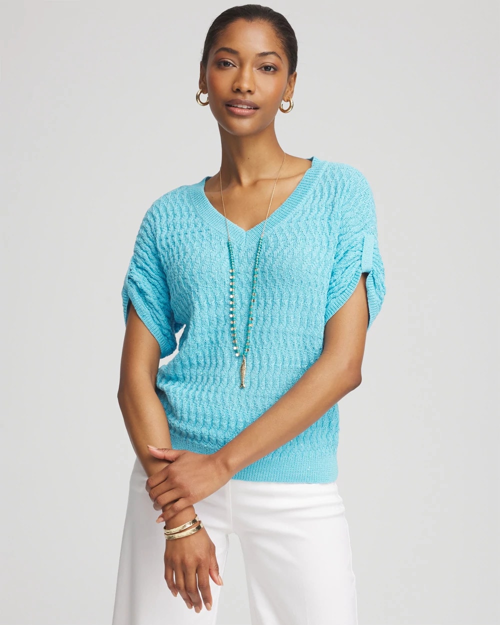 Paradiso Blue Sequin V-Neck Pullover Sweater