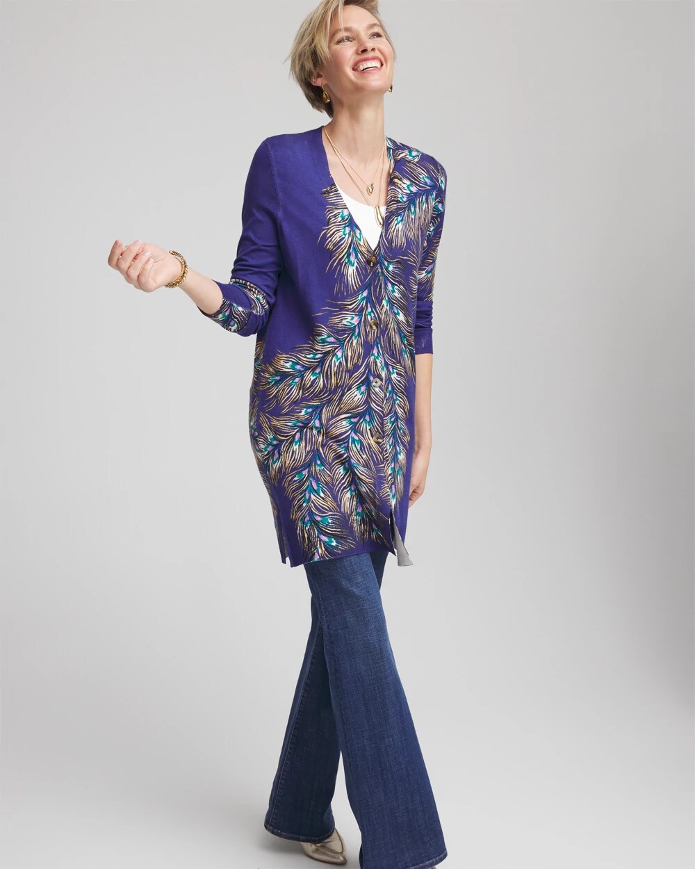 Dark Cobalt Ella Peacock-Print Cardigan Sweater