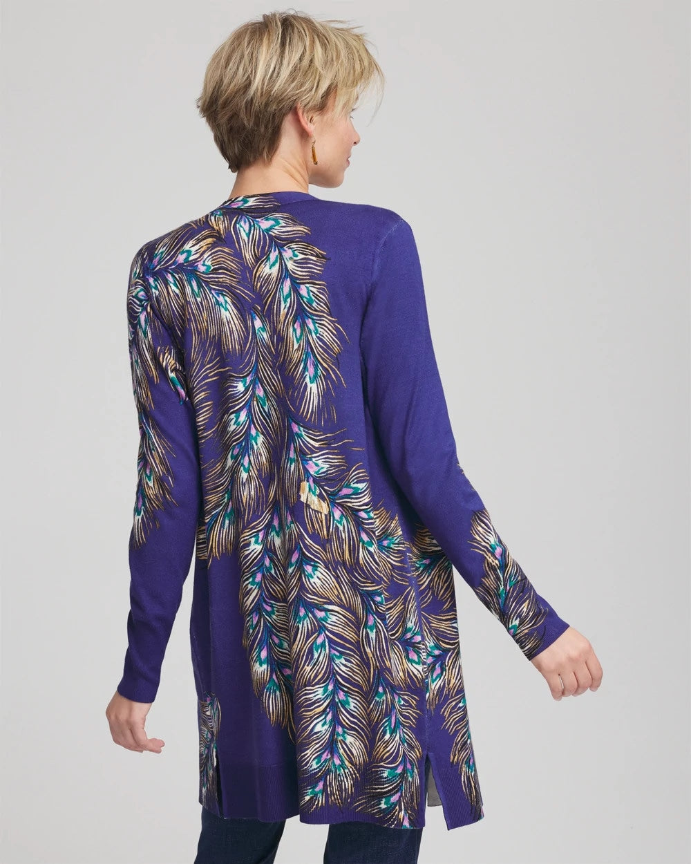 Dark Cobalt Ella Peacock-Print Cardigan Sweater