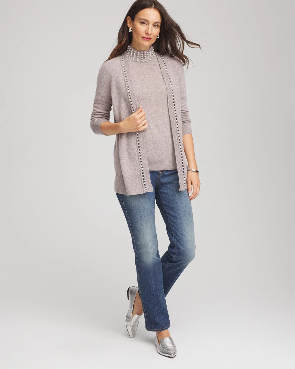 Taupe Heather Cashmere Pearl Mockneck Sweater