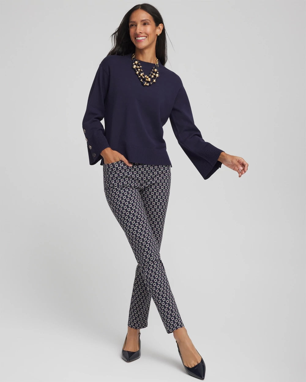 Passport Blue Button Sleeve Crewneck Pullover