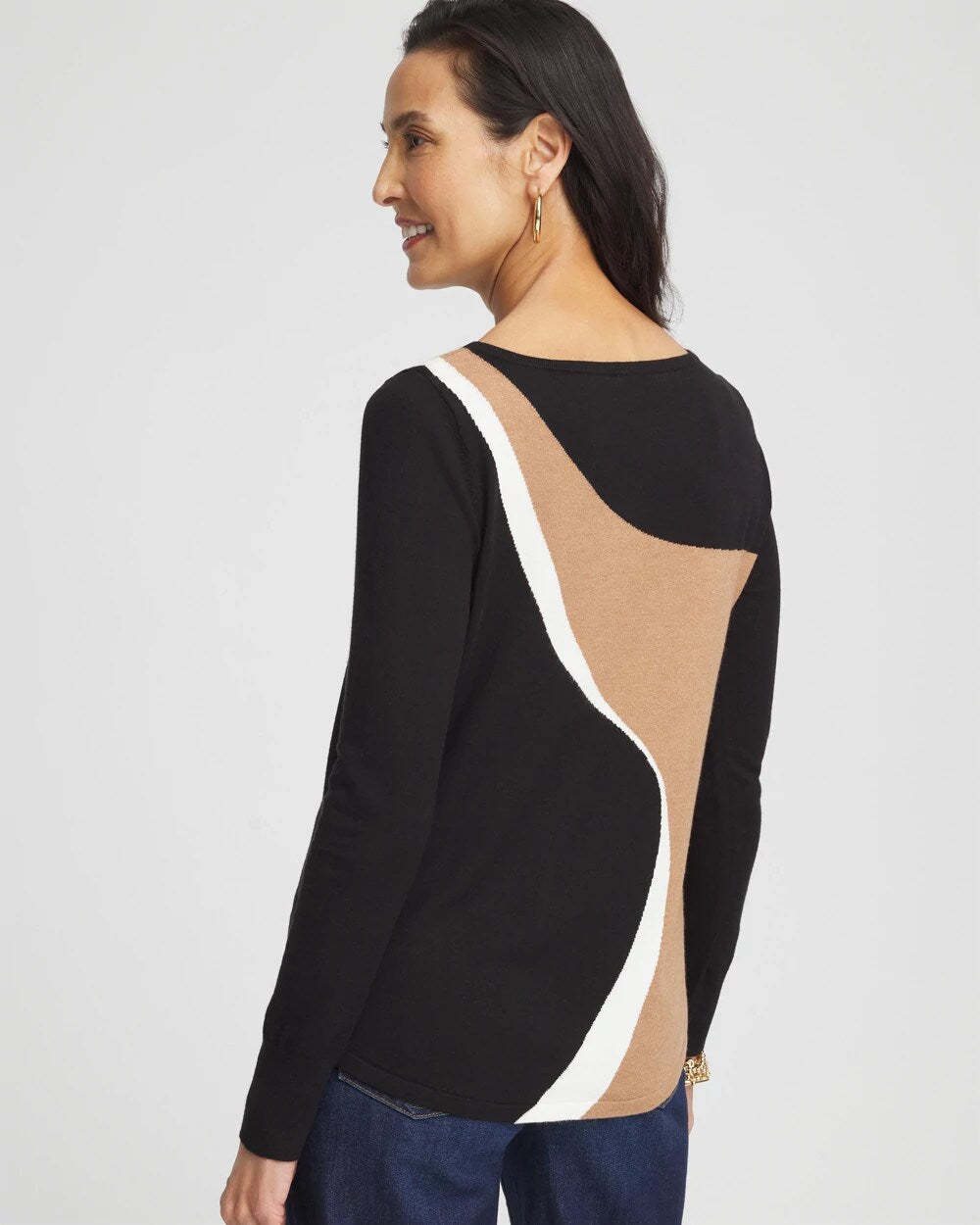 Black Intarsia Colorblock Bateau Neck Sweater