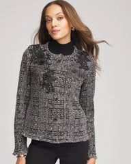 Gray Embroidered Metallic Tweed Cardigan