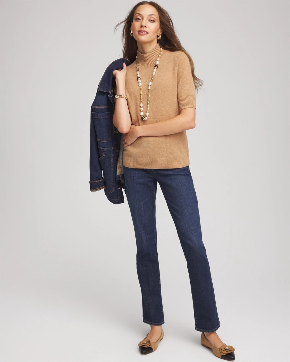 Camel Cashmere Elbow-Sleeve Sweater