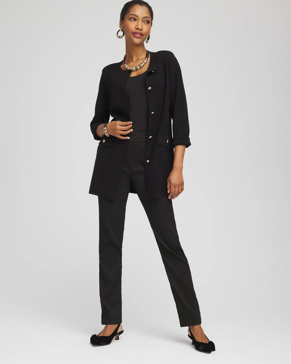 Black Button-Down Crewneck Coatigan