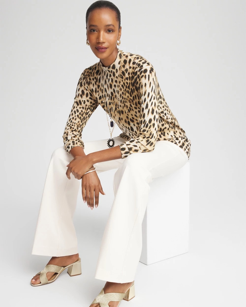 English Cream Ella Mockneck Animal-Print Pullover Sweater