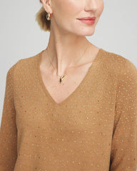 Faux Camel Heather Ella V-Neck Embellished Pullover Sweater