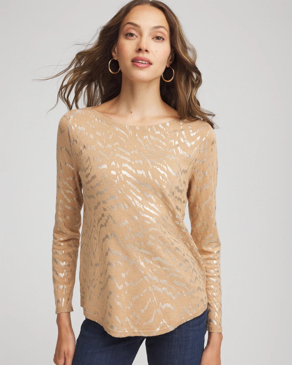 Faux Camel Heather Ella Boatneck Foiled Pullover Sweater