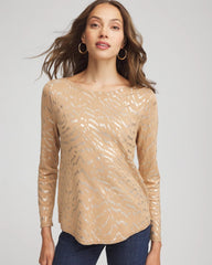 Faux Camel Heather Ella Boatneck Foiled Pullover Sweater