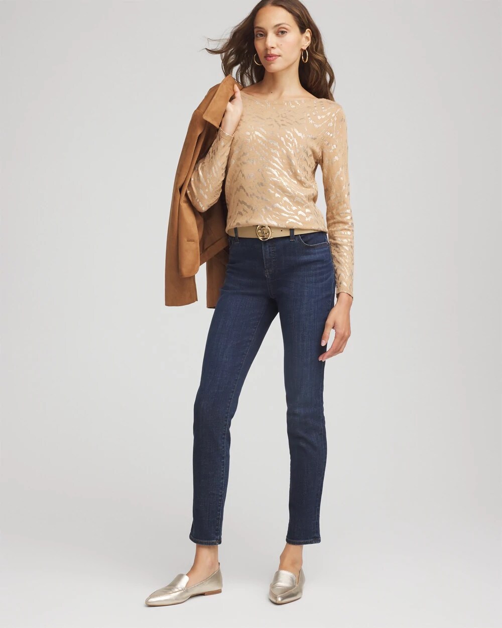 Faux Camel Heather Ella Boatneck Foiled Pullover Sweater