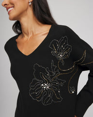 Black Floral Embellished Dolman V-Neck Pullover