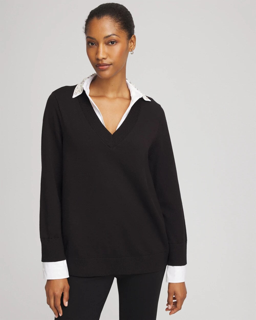Black Embellished Layered Collar Shirt Sweater