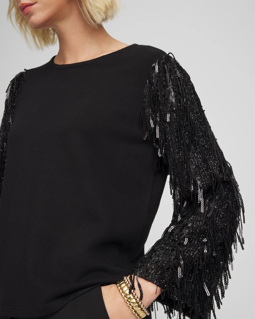 Black Fringe Sequins Pullover Sweater