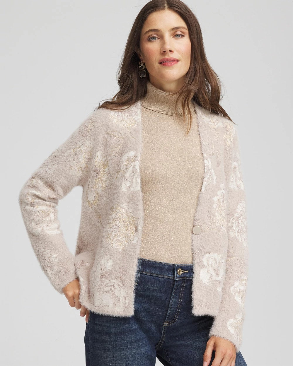 English Cream Fuzzy Jacquard Boyfriend Cardigan