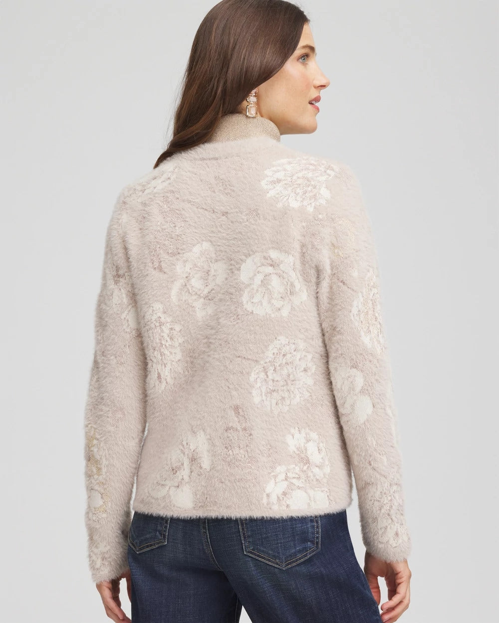 English Cream Fuzzy Jacquard Boyfriend Cardigan