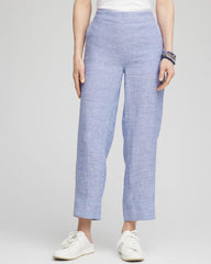 Blue Linen Pull On Waist Cropped Pants