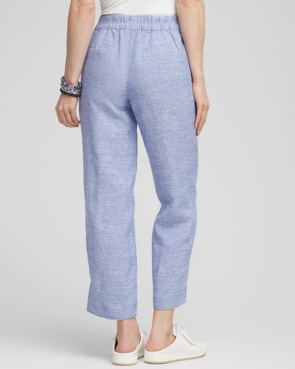 Blue Linen Pull On Waist Cropped Pants