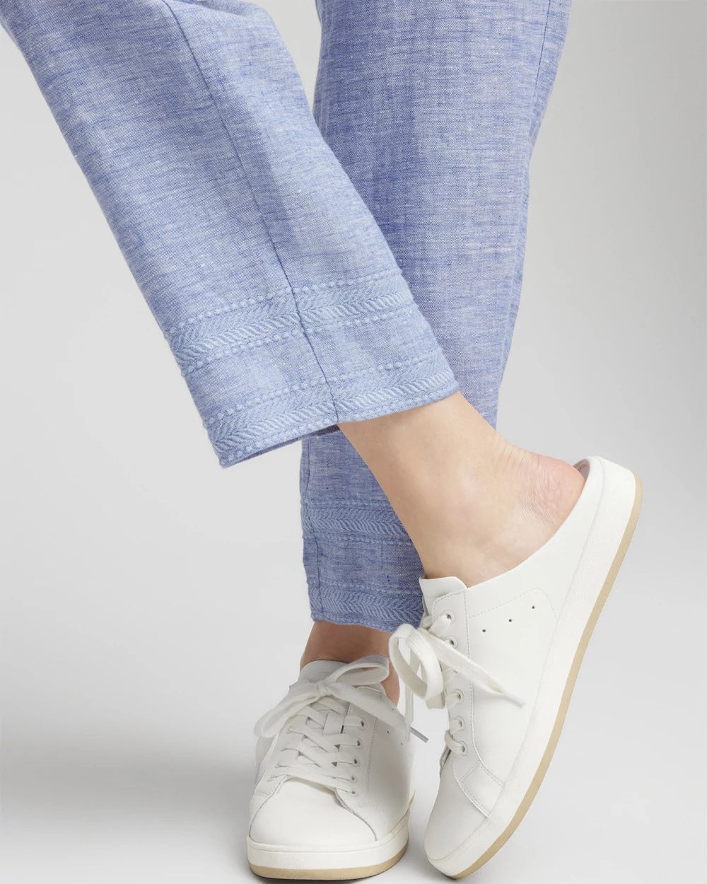 Blue Linen Pull On Waist Cropped Pants