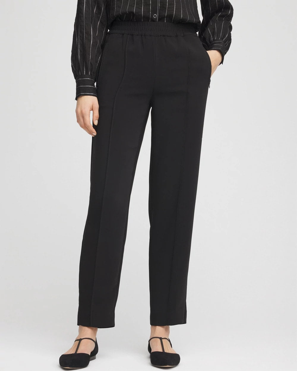Black Crepe Side-Zip Tapered Ankle Pants