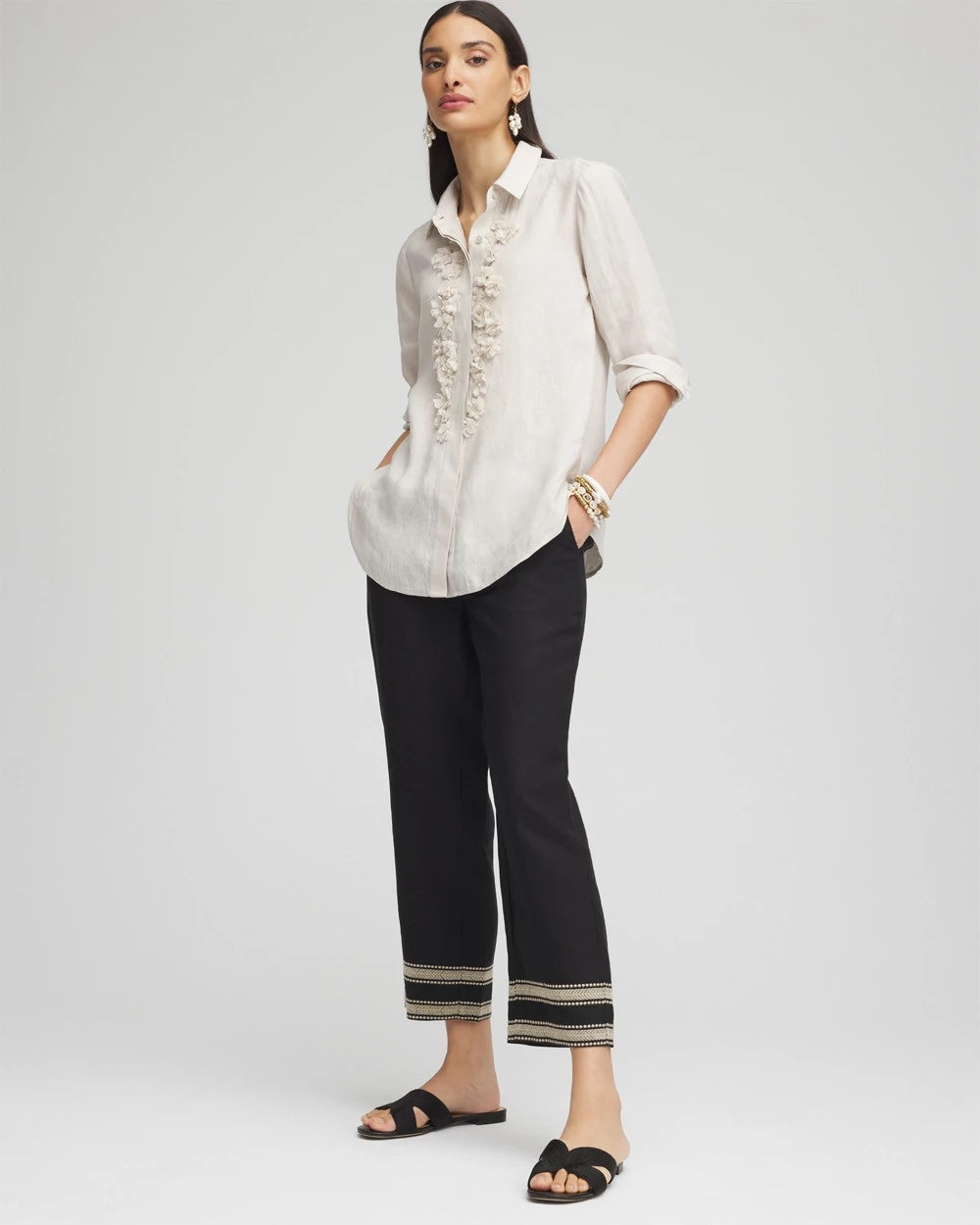 Black Linen Elastic Waist Cropped Pants