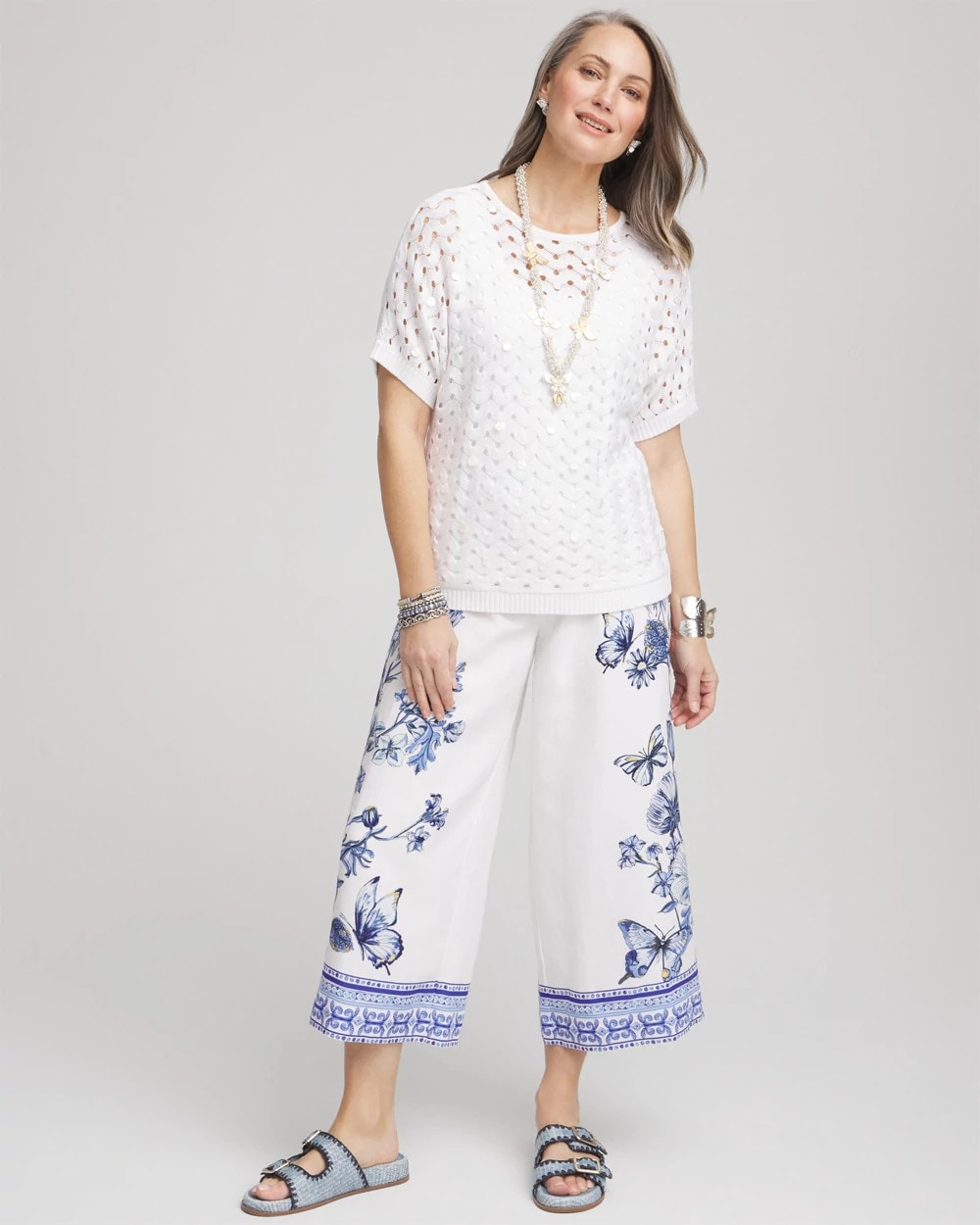 Alabaster Butterfly Pull-On Linen Cropped Pants