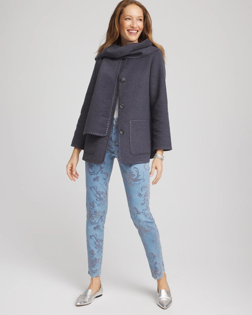 Dark Denim Heather Wool Scarf Jacket
