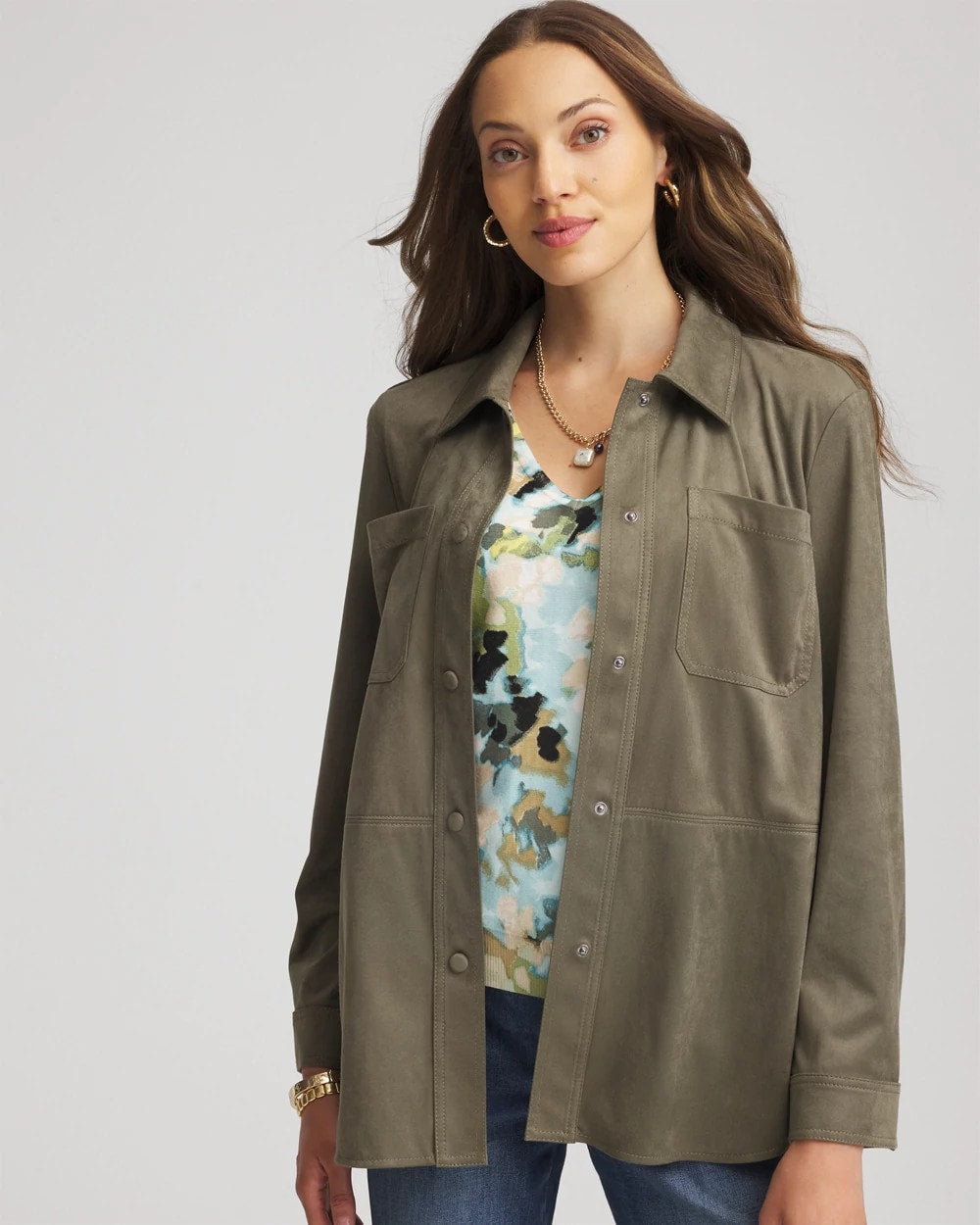 Nettle Leaf Suede Collared Long-Sleeved Shacket